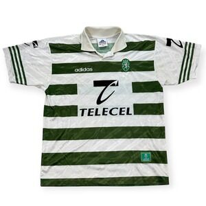 90s Adidas Jersey Mens Large Green White Stripe Club Portugal Lisbon Soccer Rare